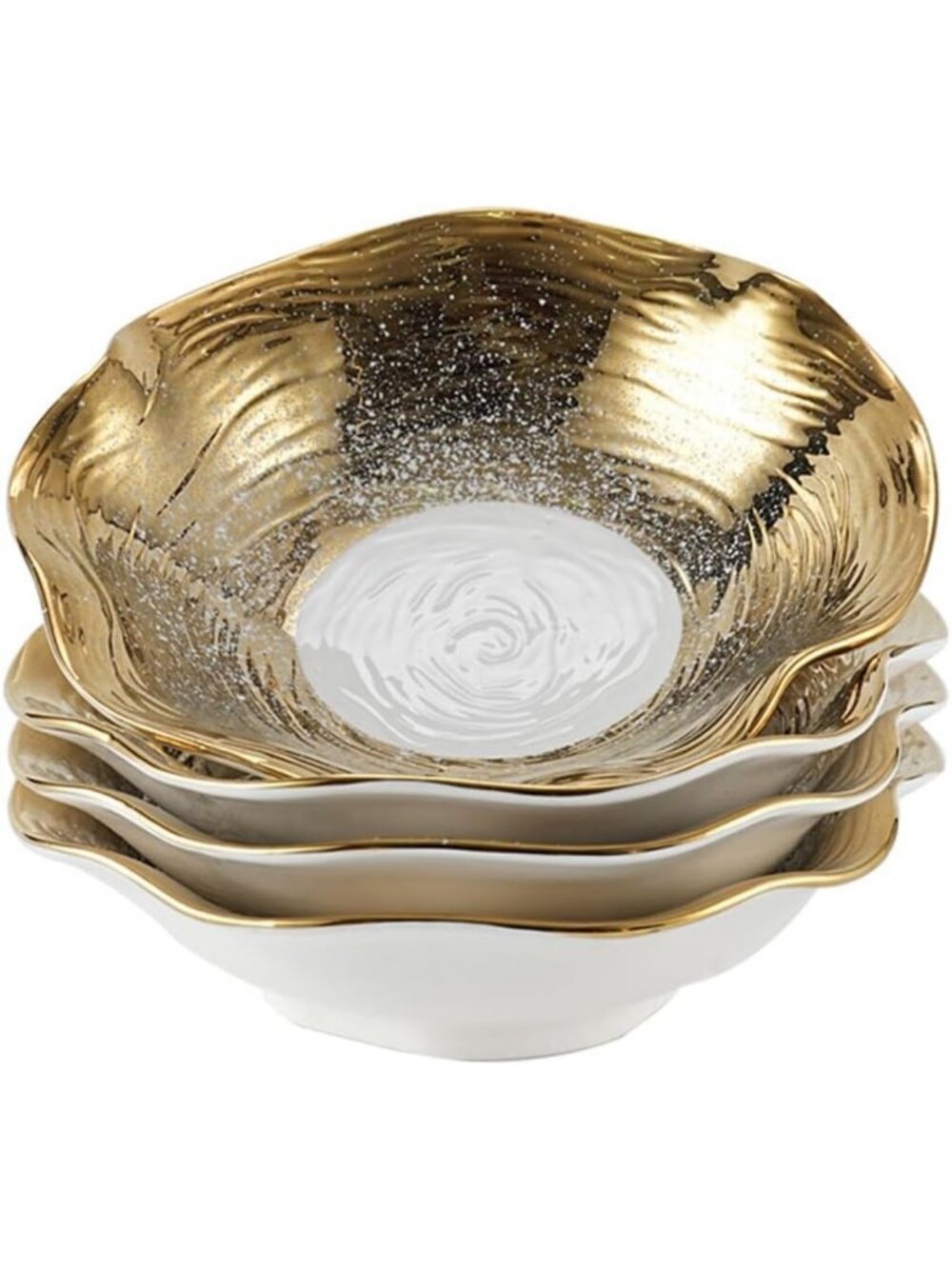 Set of 4 Handmade Ceramic Pasta & Soup Bowls, 10.4 Inch, Gold Rim, Dishwasher